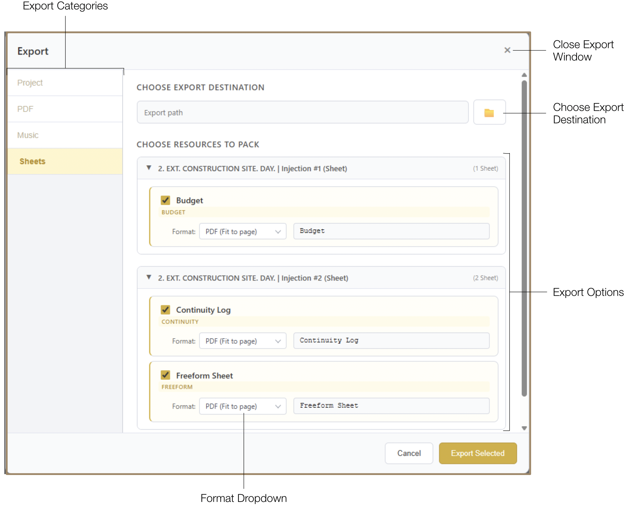 Sheets Export panel with PDF and CSV format options